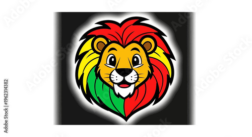 Colorful cartoon lion head mascot with reggae inspired mane on dark background.