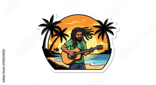 Vector illustration of a man with dreadlocks playing guitar on a tropical beach at sunset.