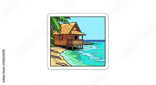 Vibrant tropical beach hut on stilts over clear ocean water.