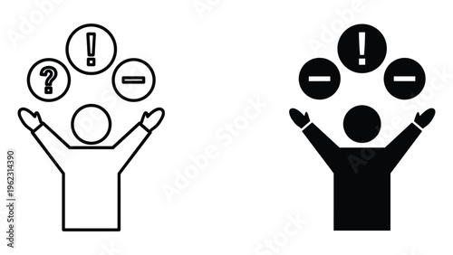Black and white cartoon person juggling symbols of question mark exclamation point and minus
