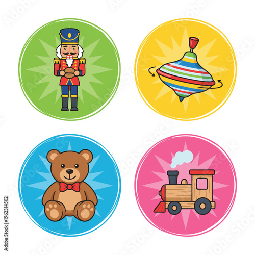 Collection of Four Classic Toys on Colorful Circular Backgrounds.