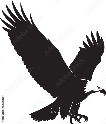 Black silhouette of an eagle in flight with wings spread wide, isolated on transparent background