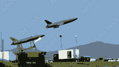 Unmanned aerial vehicles, one launching from a platform and another in flight, with ground control stations.