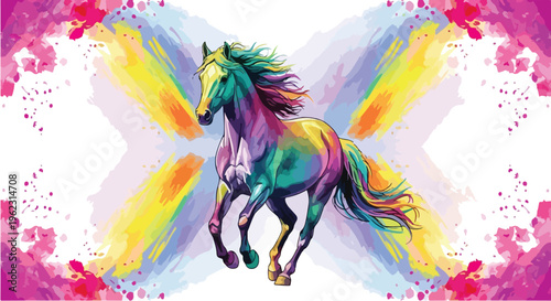 Abstract colorful watercolor background with splashes featuring a black silhouette illustration of a running horse stallion in an artistic gallop