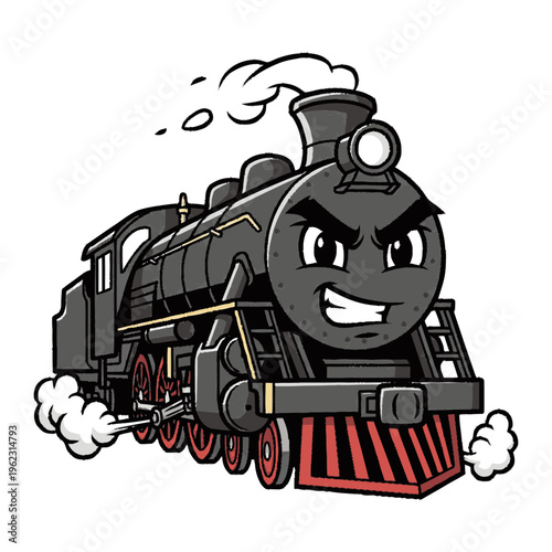 Angry Cartoon Train with Red Wheels.