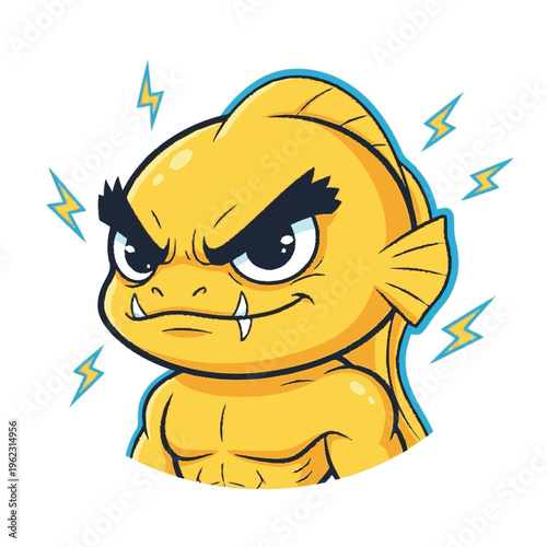 Angry yellow cartoon fish with lightning bolts.