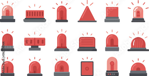 Emergency siren icon set with red beacon alarm lights glossy flashing police ambulance signal warning vector illustration