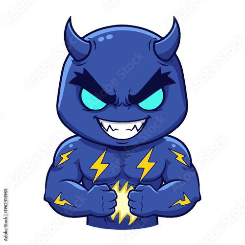 Blue Cartoon Devil Character with Lightning Bolts.