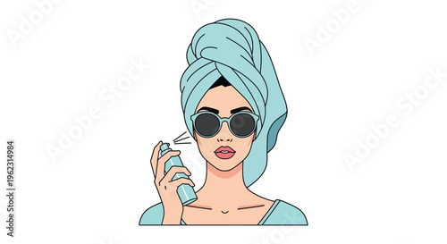 Woman with turban and sunglasses spraying perfume in playful colorful illustration for beauty advertising