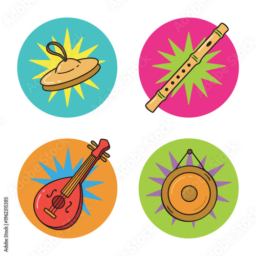 Collection of Four Musical Instruments on Colorful Circles.