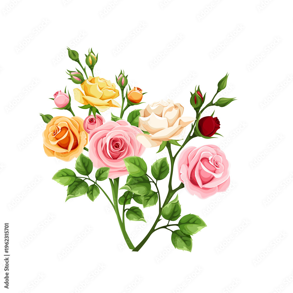 Fototapeta premium Colorful Rose Garden Bouquet - Elegant Pink, Yellow, and Cream Roses