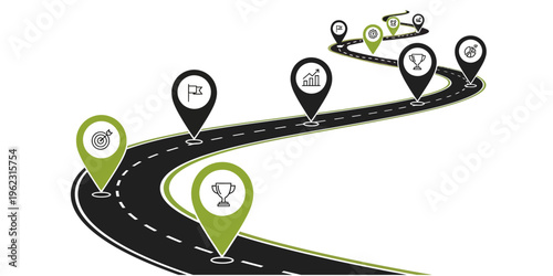 Business roadmap with location pins and goal icons on winding highway