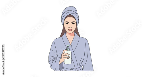 Woman in bathrobe holding skincare bottle in soft pastel colors minimalist flat illustration for beauty product advertising