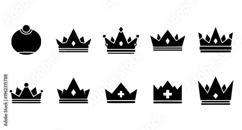 Nine Black Crown Icons Set Vector Illustration Royalty and Luxury Symbols
