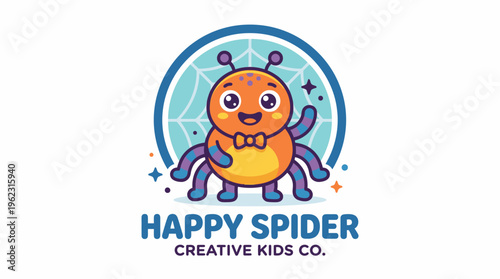 A cute smiling spider mascot logo for a kids company on a web background