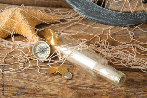 Bottle with scroll, sword, ...