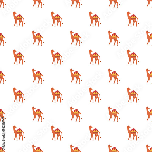 Arabian dromedary camels with saddles repeating in a desert animal pattern