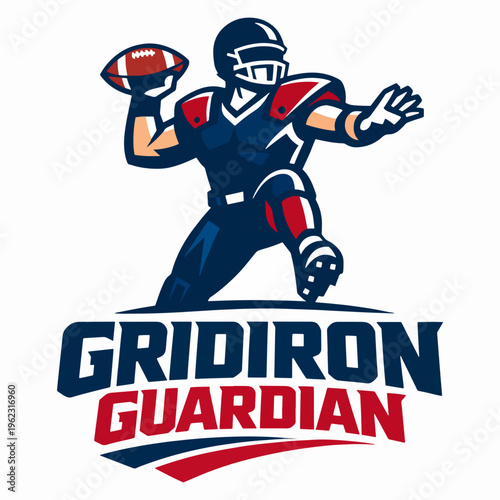 Gridiron Guardian Football Team Emblem Showcasing Strong Quarterback In Bold Athletic Vector Logo Design Symbolizing Strength Strategy Leadership And Championship Ambition
