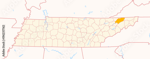 Map of the County Hawkins (Tennessee, US) showing the Federal State with the highlighted County