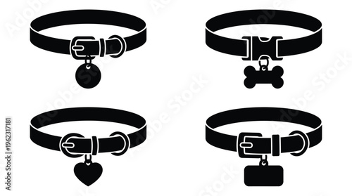 Four black dog collars with varying buckles and tags a simple silhouette