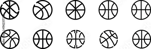 Abstract Basketball Line Icon Set. Minimalist Vector Sports Outlines of Basketballs in Various Angles and Styles for Tournament Logos, Team Emblems, Athletic Apps, and Fitness UI Design Elements.