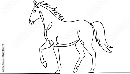 Black and white line of a horse head profile with flowing mane line horse head profile view 1