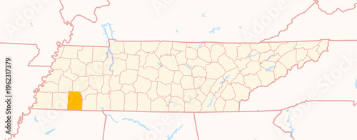 Map of the County Hardeman (Tennessee, US) showing the Federal State with the highlighted County