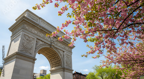 Washington Square Arch Framed by Cherry Blossoms, Springtime in Greenwich Village, New York City