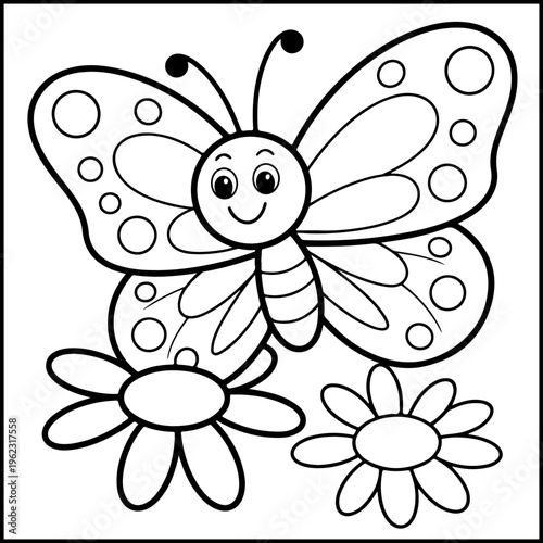 Cute butterfly and flowers coloring page for kids, black and white line art, printable activity sheet vector illustration