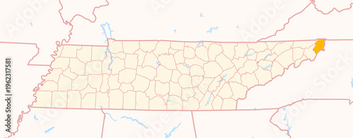 Map of the County Johnson (Tennessee, US) showing the Federal State with the highlighted County