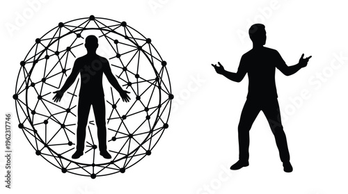 Man inside a geodesic dome and standing beside it a striking silhouette