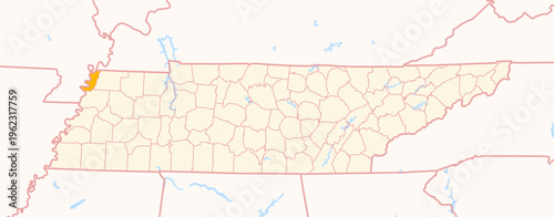 Map of the County Lake (Tennessee, US) showing the Federal State with the highlighted County