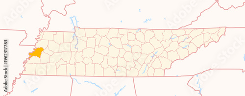 Map of the County Lauderdale (Tennessee, US) showing the Federal State with the highlighted County