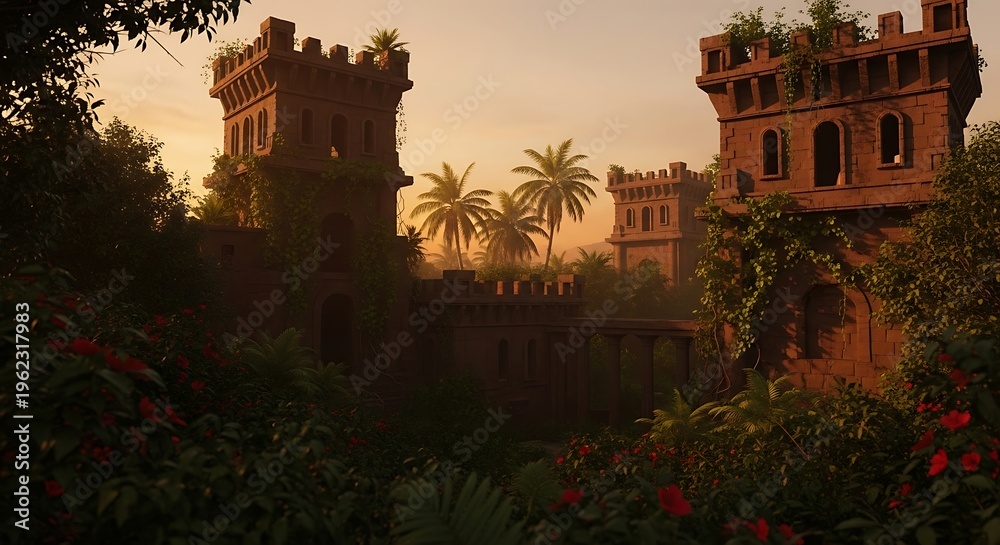 Fototapeta premium Ancient stone castle ruins hidden within a lush tropical jungle at golden hour sunset with vibrant palm trees