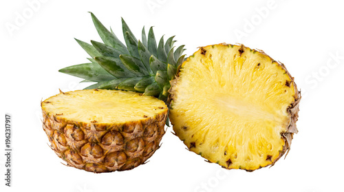 Εκτύπωση καμβά Ripe tropical pineapple halves showing vibrant yellow juicy flesh and green spik