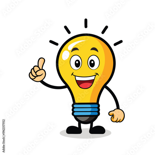 Bright Idea Light Bulb Mascot Cartoon Vector Illustration Smiling Bulb Character Pointing Finger Creative Idea Concept Clipart Line Art Design