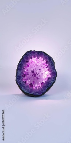 Amethyst geodes pulse with subtle internal luminescence, a silent, radiant display,  abstract,  serene