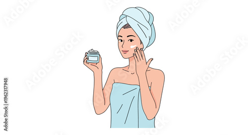 Woman applying cream in pastel blue towel with soft serene lighting for skincare advertising