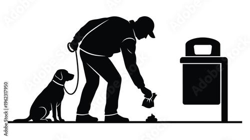 Man walking dog cleaning up after pet near a trash can silhouette