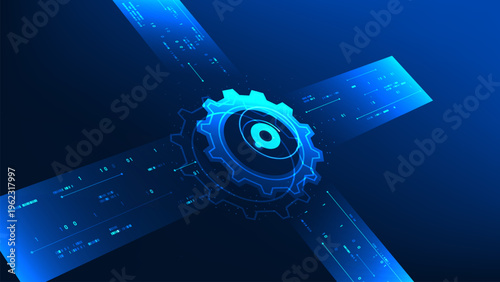 Technology background gear integrated with digital elements, representing industrial innovation, automation, technological growth, smart systems, and the advancement of modern digital engineering.