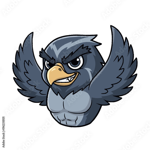 Angry Cartoon Bird with Muscles and Wings.