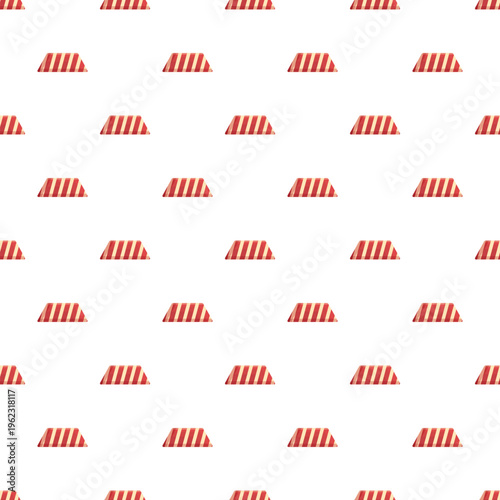 Repeating pattern showing red and white striped awnings on a white background