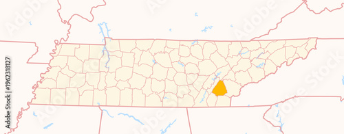Map of the County McMinn (Tennessee, US) showing the Federal State with the highlighted County