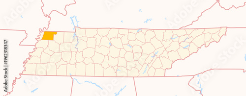 Map of the County Obion (Tennessee, US) showing the Federal State with the highlighted County