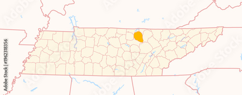 Map of the County Overton (Tennessee, US) showing the Federal State with the highlighted County