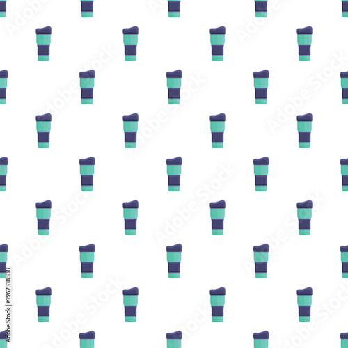 Reusable travel tumblers forming a colorful seamless pattern against a white background