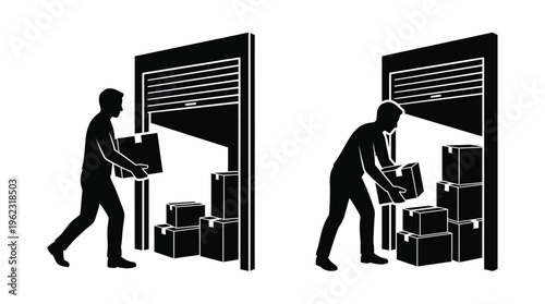 Man carrying boxes near warehouse doors duplicated image black and white silhouette