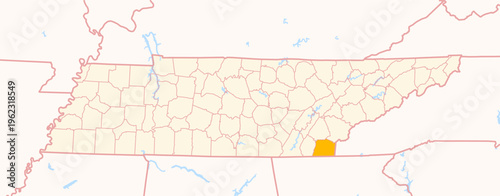 Map of the County Polk (Tennessee, US) showing the Federal State with the highlighted County