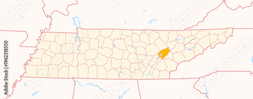 Map of the County Roane (Tennessee, US) showing the Federal State with the highlighted County