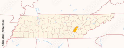 Map of the County Rhea (Tennessee, US) showing the Federal State with the highlighted County